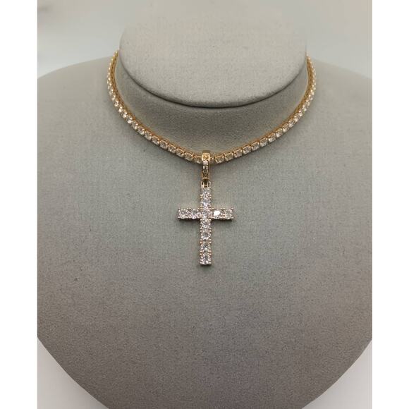 CZ Cross Pendant Gold Tennis Choker Necklace – 16"+3" Extender, 2-in-1 Look - Picture 1 of 3